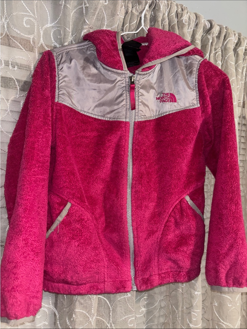 The North Face Girls' Hot Pink Hooded Fleece Jacket with Silver Yoke